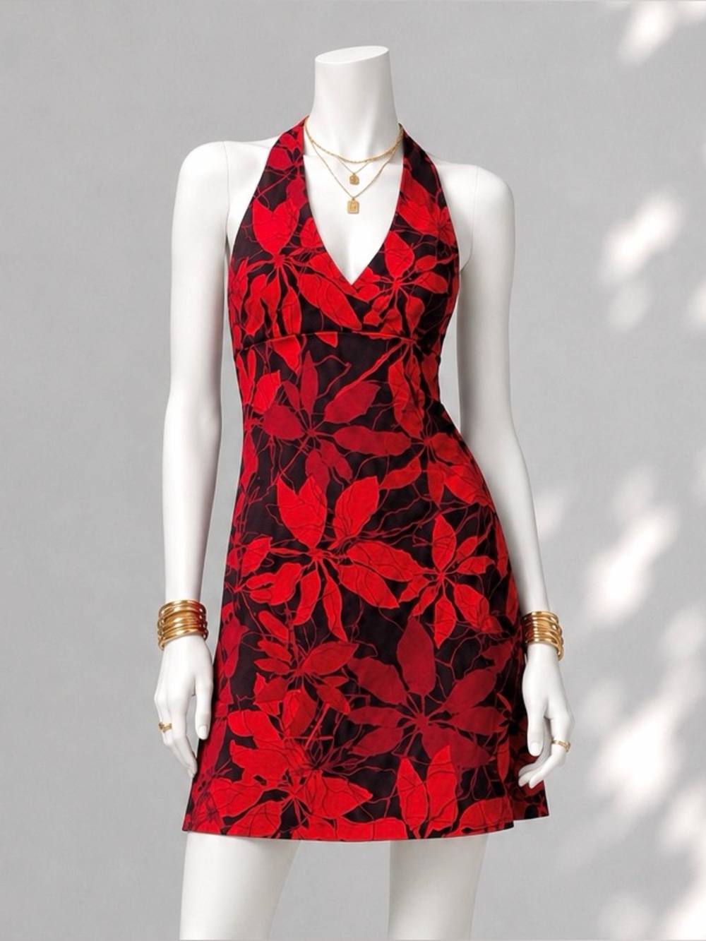 90s Express Halter Dress XS Red Floral Y2K Whimsigoth Retro Mod Vintage